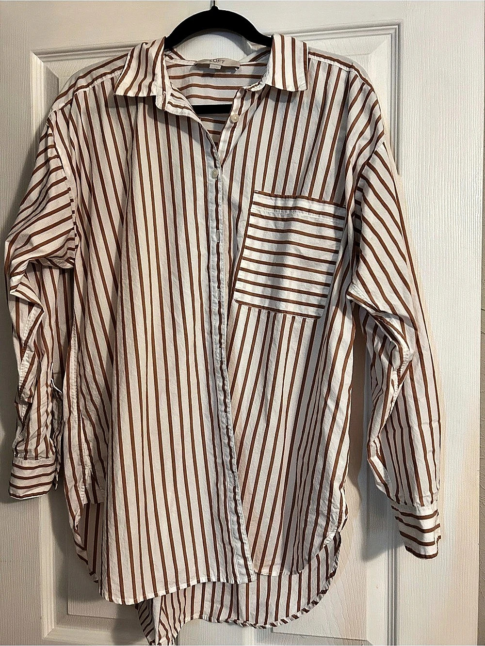 LOFT Striped Button Down White & Brown Size Large
